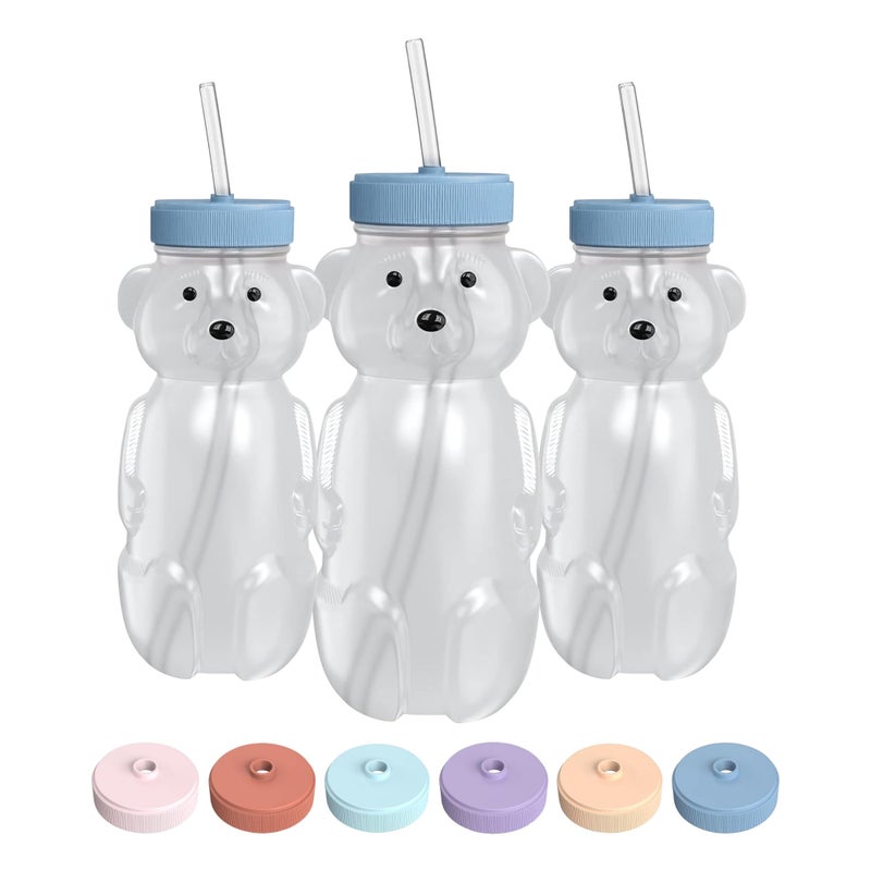 The 730 Project Honey Bear Straw Cup for Babies, 8-oz Honey Bear Cup with Lid, 3-Pack Therapy Learning Honeybear Straw, Baby Bottle Set, Blueberry Pie BLUE - Image 1